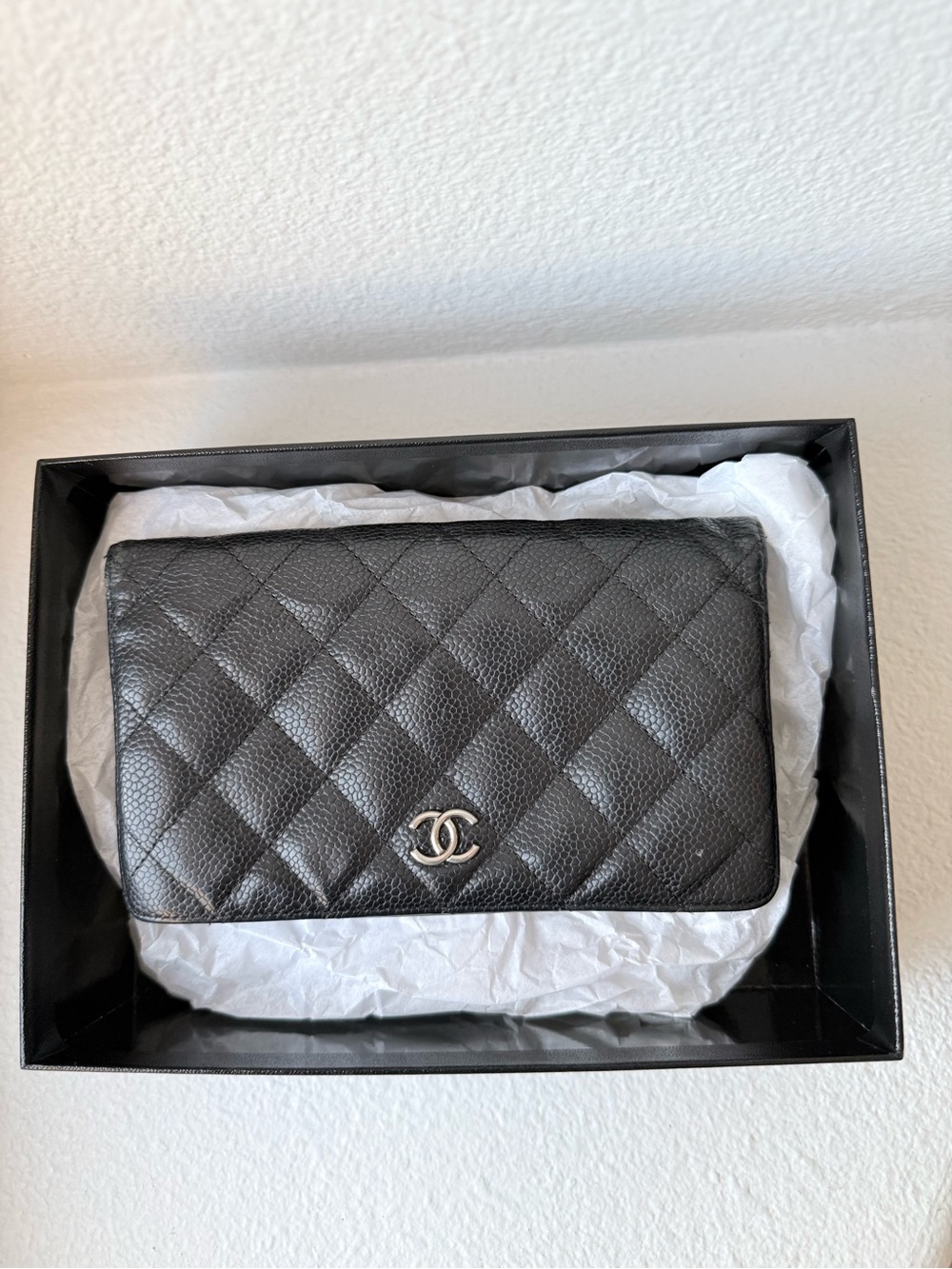 CHANEL Black Quilted Caviar Leather Wallet With Silver CC